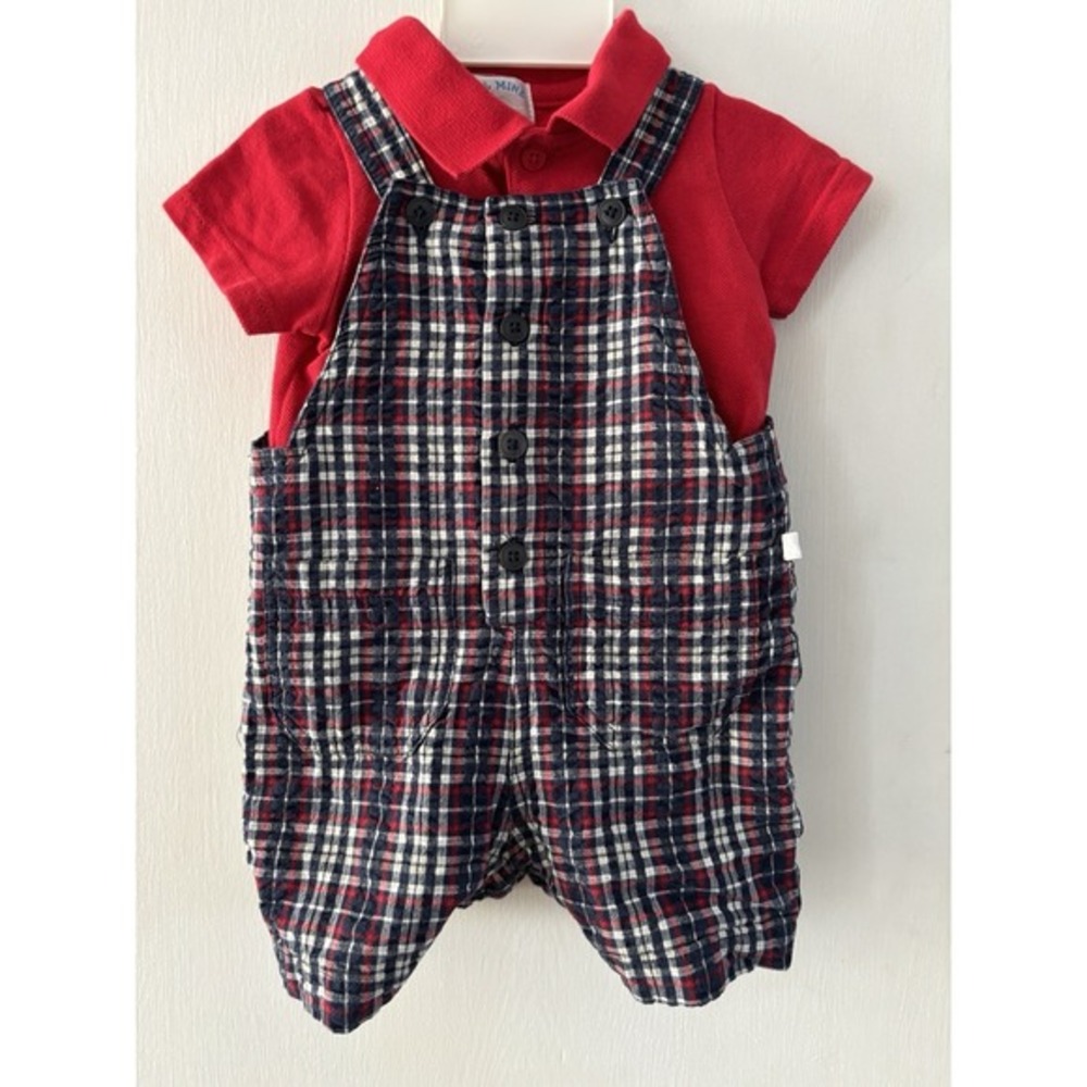 Vintage Baby Boy Overall Shorts Outfit Gingham Plaid 3/6 Months 100% Cotton‎